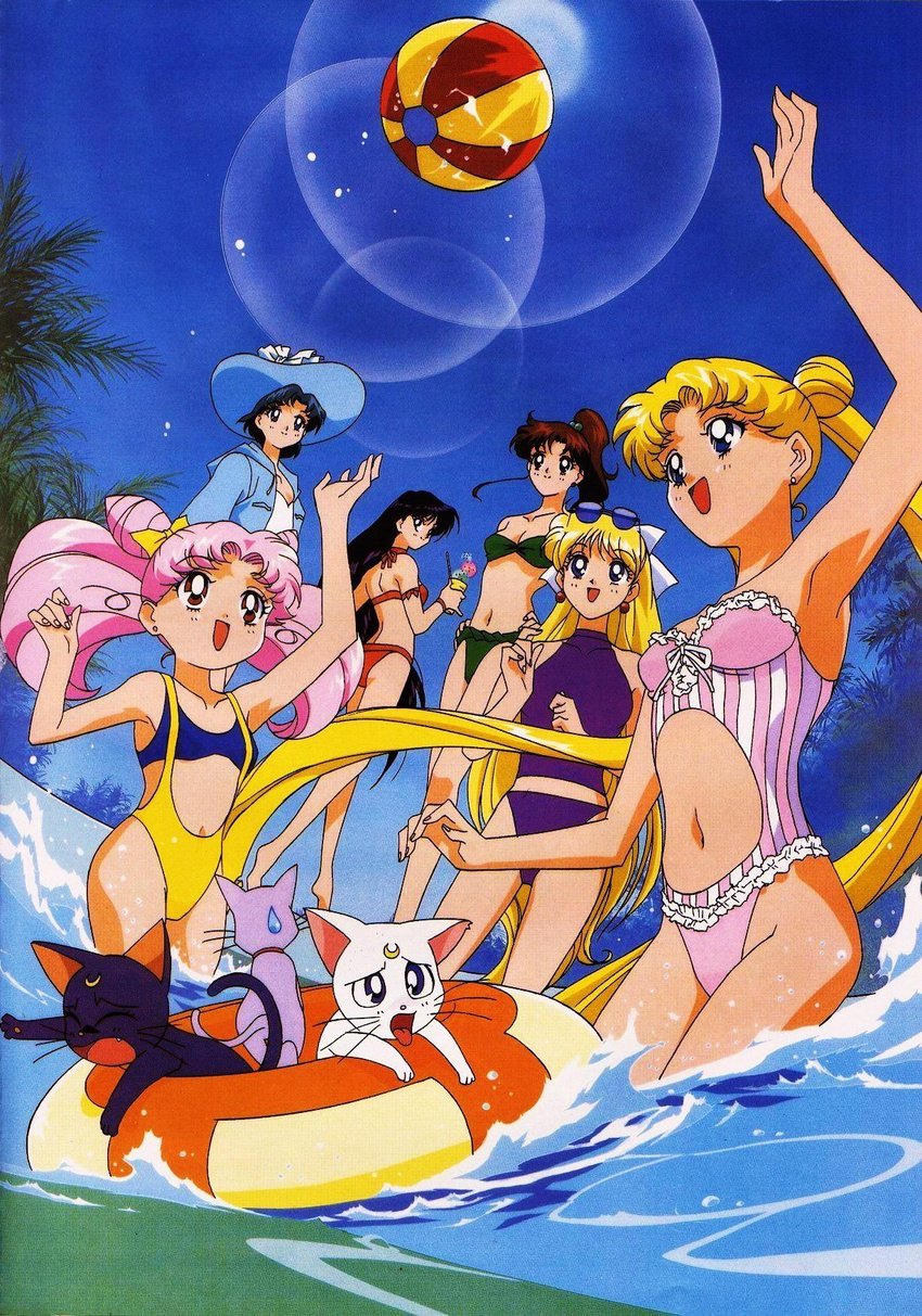 aino_minako artemis_(sailor_moon) beachball bikini black_hair blonde_hair blue_eyes blue_hair brown_hair chibi_usa diana double_buns earrings feline green_eyes hair_bobbles hairbow hat hino_rei ice_cream innertube kino_makoto long_hair luna_(sailor_moon) mizugi mizuno_ami open_mouth pink_hair ponytail red_eyes sailor_moon short_hair smile sunglasses tsukino_usagi twintails very_long_hair waki water