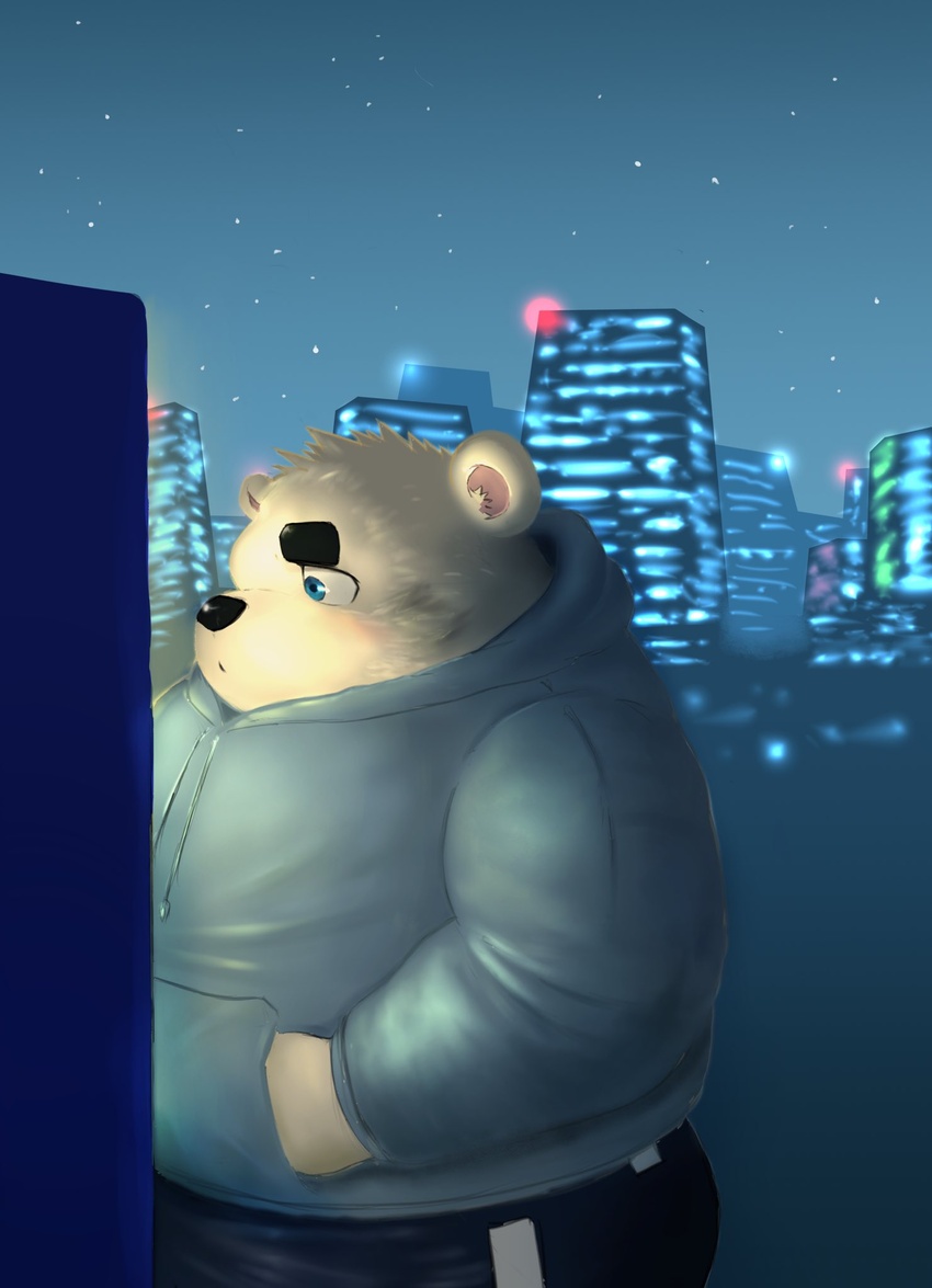 2021 anthro bear black_nose bottomwear city clothing detailed_background fur hi_res hoodie kemono male mammal night overweight overweight_male pants polar_bear sakisukem solo topwear ursine white_body white_fur