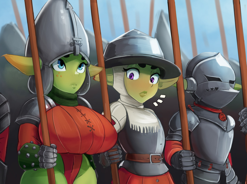 2022 armor big_breasts breast_awe breasts clothed clothing cranihum female goblin green_body green_skin group headgear helmet hi_res holding_melee_weapon holding_object holding_polearm holding_weapon huge_breasts humanoid iilsa_(cranihum) looking_at_another looking_at_breasts melee_weapon not_furry ono_(cranihum) polearm tani_(cranihum) weapon