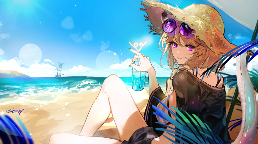 aqua_nails arknights bare_legs beach beach_umbrella bikini black_jacket black_shorts blonde_hair blue_sky braid breasts brown_hat closed_mouth crazy_straw cup day drink drinking_glass drinking_straw eyewear_on_head female from_behind grey_bikini hat highres holding holding_cup jacket knee_up large_breasts lens_flare long_hair long_sleeves looking_at_viewer looking_back nail_polish off_shoulder official_alternate_costume open_clothes open_jacket outdoors purple-tinted_eyewear purple_eyes round_eyewear short_shorts shorts side_braid sideboob signature single_bare_shoulder sitting sky smile solo straw_hat striped_bikini striped_clothes sunglasses swimsuit tail tinted_eyewear twice12314 umbrella utage_(arknights) utage_(summer_flowers)_(arknights) vertical-striped_bikini vertical-striped_clothes water