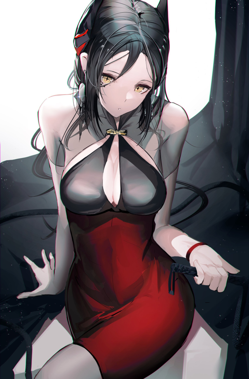 +_+ absurdres alternate_costume arknights arm_at_side bad_id bad_twitter_id black_dress black_hair breasts cleavage cleavage_cutout clothing_cutout dress earrings female gradient_dress hair_between_eyes highres hiyaori_(hiyahiyaval) holding horns ines_(arknights) jewelry large_breasts long_hair looking_at_viewer parted_lips red_dress riding_crop short_sleeves simple_background sitting solo white_background wristband yellow_eyes