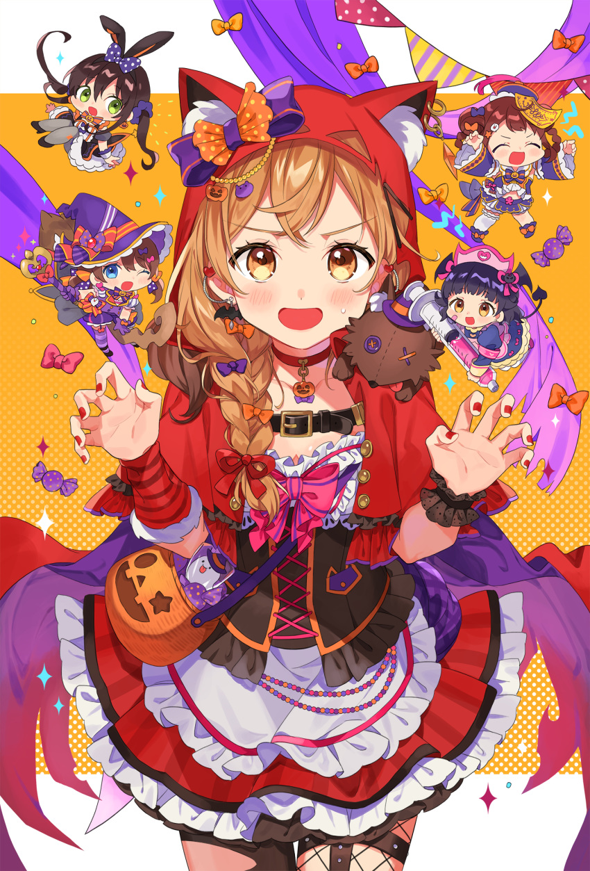 5girls apron bang_dream! black_collar black_dress black_hair blonde_hair blush bow brown_eyes brown_hair collar commentary_request dress earrings hair_between_eyes hair_ornament halloween hanazono_tae highres ichigaya_arisa jewelry long_hair looking_at_viewer multiple_girls orange_bow poppin'party purple_bow red_nails ribbon smile toyama_kasumi twintails ushigome_rimi vonokim white_apron x_hair_ornament yamabuki_saya