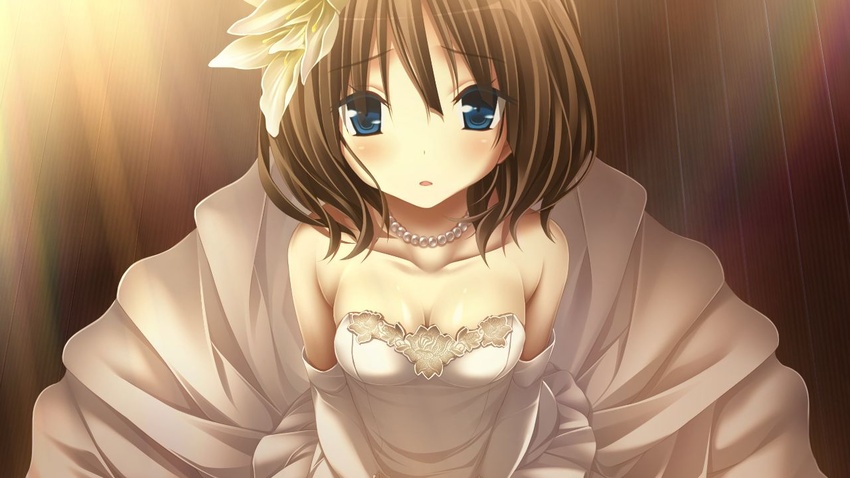 amatsutsumi bangs blue_eyes breasts brown_hair cleavage collarbone dress elbow_gloves female from_above game_cg gloves hair_between_eyes hair_ornament jewelry long_hair looking_at_viewer looking_up medium_breasts minazuki_hotaru_(amatsutsumi) necklace open_mouth shiny shiny_hair solo strapless strapless_dress tsukimori_hiro wedding_dress white_dress white_gloves wooden_floor