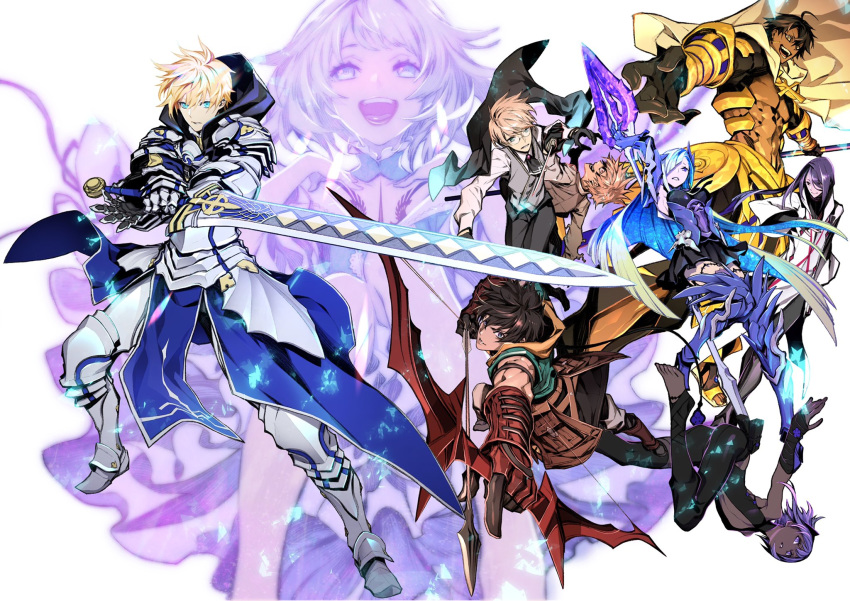 3girls 5boys arash_(fate) armor arthur_pendragon_(fate) bare_pectorals blonde_hair bow_(weapon) brynhildr_(fate) brynhildr_romantia cape cleavage_cutout clothing_cutout dark-skinned_female dark-skinned_male dark_skin drawing_bow excalibur_(fate/prototype) fate/grand_order fate/prototype fate/prototype:_fragments_of_blue_and_silver fate_(series) green_hair hassan_of_serenity_(fate) highres holding holding_bow_(weapon) holding_weapon inset jekyll_and_hyde_(fate) miwa_shirow multiple_boys multiple_girls ozymandias_(fate) paracelsus_(fate) pectorals sajou_manaka weapon