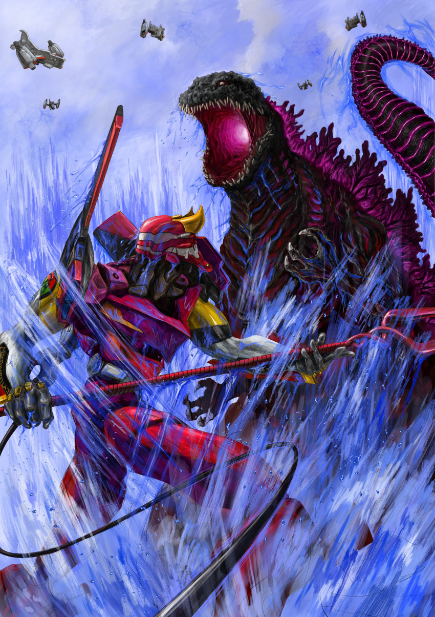 absurdres anno_hideaki_(person) battle bident cable creator_connection crossover eva_02 evangelion:_3.0_you_can_(not)_redo fighting flying godzilla godzilla_(series) godzilla_(shin) highres holding holding_polearm holding_weapon kaijuu lance_of_longinus_(evangelion) looking_up mecha neon_genesis_evangelion no_humans open_mouth polearm rebuild_of_evangelion robot shin_godzilla water weapon zandan_zero_to_na!?