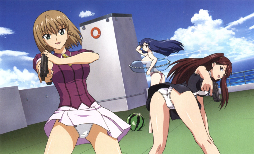 3girls aika_(series) aika_r-16 aika_r-16_school_uniform aiming aiming_at_viewer ascot ass bent_over blue_eyes blue_hair blue_sky blush braid breasts brown_hair cloud cloudy_sky crotch_seam day food fruit green_eyes gun highres jacket kneepits large_breasts long_hair looking_at_viewer minamino_karen multiple_girls ocean official_art open_mouth outdoors panties pink_panties pink_skirt purple_shirt red_hair school_uniform shingai_eri shirt short_hair side_braid single_braid skirt sky smile standing sumeragi_aika tile_floor tiles topless trigger_discipline twintails underwear watermelon weapon white_panties yamauchi_noriyasu yellow_ascot