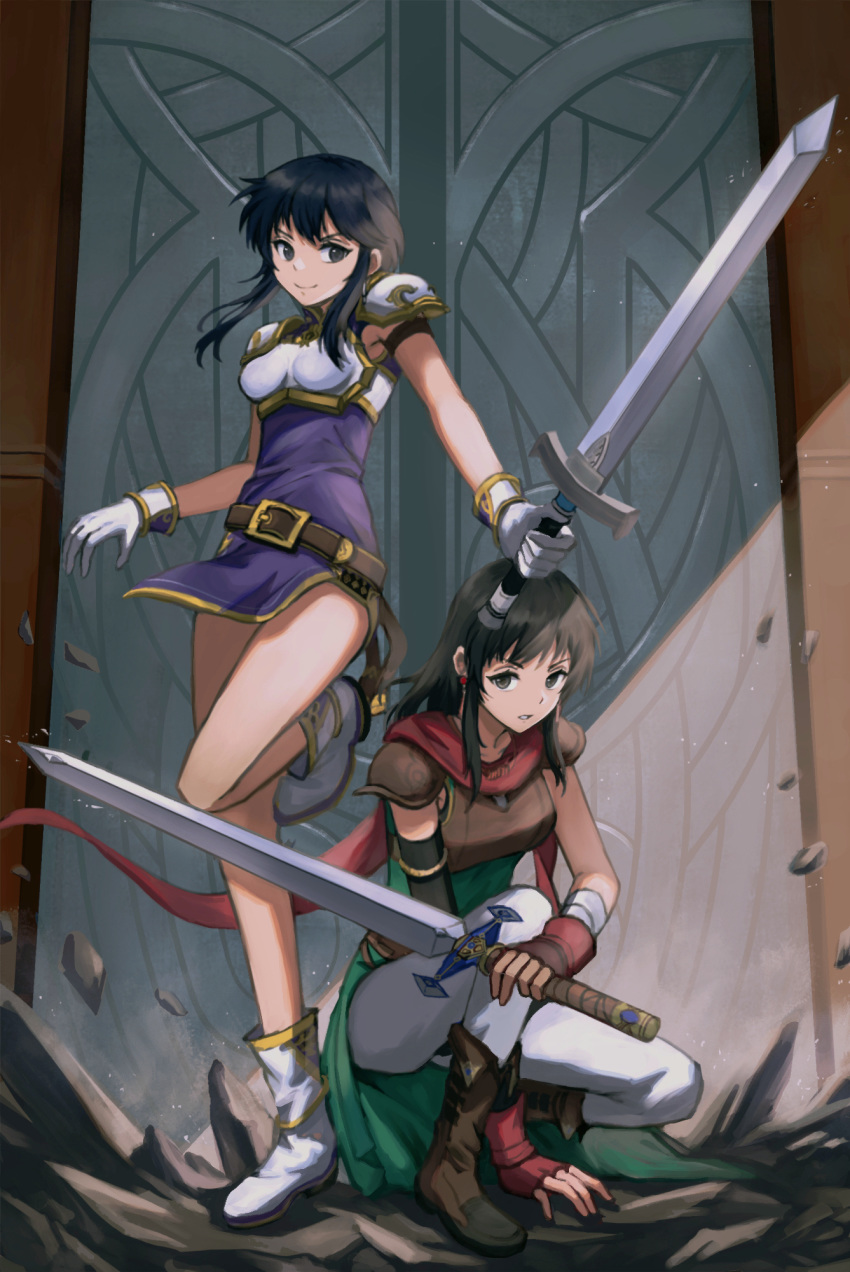 2girls armor belt black_hair boots breastplate dress earrings fingerless_gloves fire_emblem fire_emblem:_genealogy_of_the_holy_war fire_emblem:_thracia_776 fire_emblem_heroes gloves highres holding holding_sword holding_weapon imageprogram_(kent) jewelry larcei_(fire_emblem) mareeta_(fire_emblem) medium_hair multiple_girls scarf short_hair squatting standing standing_on_one_leg sword thighs weapon