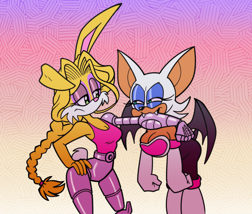 2020 anthro archie_comics bat bite blue_eyeshadow breasts bunnie_rabbot cleavage clothed clothing cybernetics cyborg digital_media_(artwork) duo eyeshadow female female/female galactabee glistening_eyelids hand_on_hip hi_res lagomorph leporid lidded_eyes machine makeup mammal purple_eyeshadow rabbit rouge_the_bat sega simple_background sonic_the_hedgehog_(archie) sonic_the_hedgehog_(comics) sonic_the_hedgehog_(series) white_background