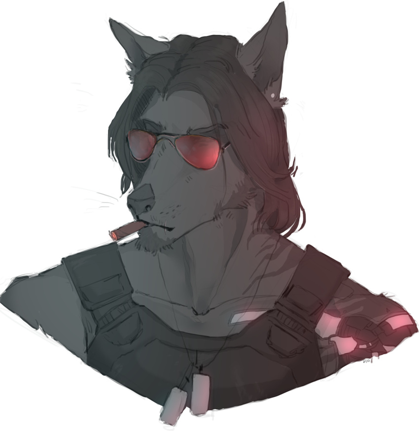 anthro black_hair black_nose canid canine canis cigarette cybernetic_arm cybernetic_limb cybernetics cyberpunk cyberpunk_2077 dog_tags ear_piercing eyewear fur grey_body grey_fur hair hi_res johnny_silverhand_(cyberpunk_2077) keanu_reeves long_hair machine male mammal piercing scar serious sfinx signature simple_background smoking solo sunglasses white_background wolf