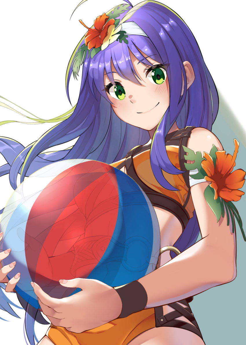 ball beachball bikini blue_hair closed_mouth commentary commentary_request female fire_emblem fire_emblem:_radiant_dawn fire_emblem_heroes flower green_eyes hair_flower hair_ornament hairband highres holding long_hair mia_(fire_emblem) mia_(summer)_(fire_emblem) orange_bikini panda_inu simple_background smile solo swimsuit upper_body white_hairband