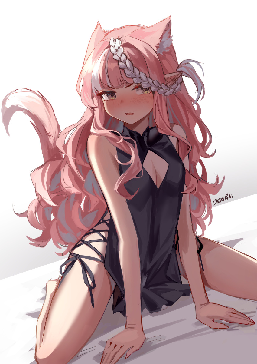 absurdres animal_ears bare_arms bare_shoulders between_legs black_dress blush braid breasts chiiririn cleavage cleavage_cutout clothing_cutout commentary commission dress extra_ears female fox_ears fox_girl fox_tail frown highres long_hair looking_at_viewer multicolored_hair nose_blush oerba_yun_fang open_mouth original pelvic_curtain pink_hair pixiv_commission pointy_ears short_dress sideless_outfit sleeveless sleeveless_dress small_breasts solo streaked_hair symbol-only_commentary tail tail_raised thighs two-tone_hair v-shaped_eyebrows