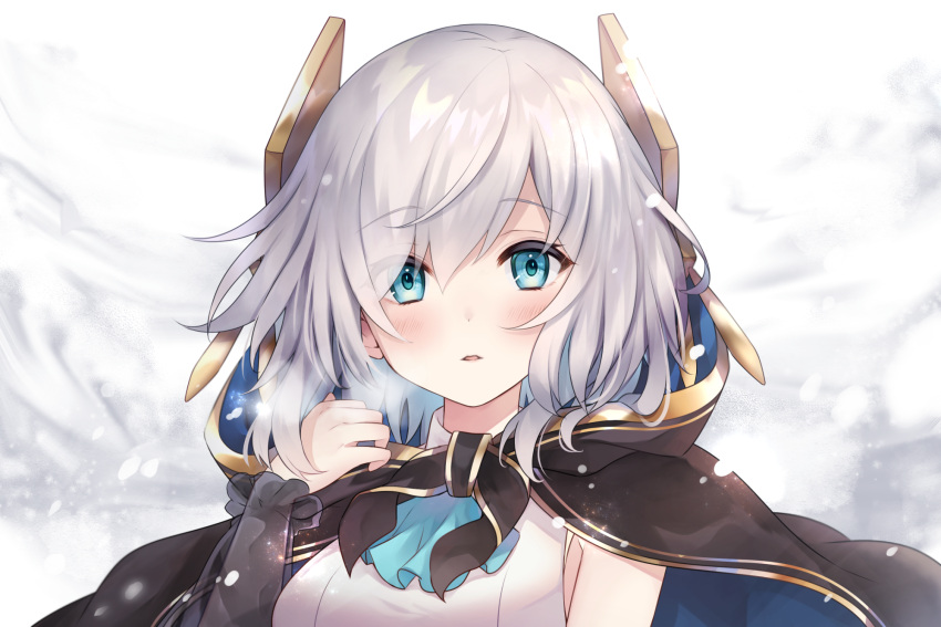 ars_almal ars_almal_(1st_costume) ascot black_cape blue_ascot blue_eyes blush breasts cape commentary eyes_visible_through_hair female grey_hair hair_over_one_eye hand_up highres hood hood_down hooded_cape ichinose_(sorario) long_sleeves looking_at_viewer medium_breasts nijisanji parted_lips puffy_long_sleeves puffy_sleeves see-through see-through_sleeves shirt solo upper_body virtual_youtuber white_shirt