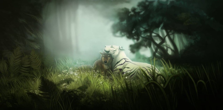 bigby chimera cuddling duo earthmidnight_(artist) elias_bigby felid feral forest interspecies male male/male mammal pantherine plant sakuri_rainne stripes tiger tree