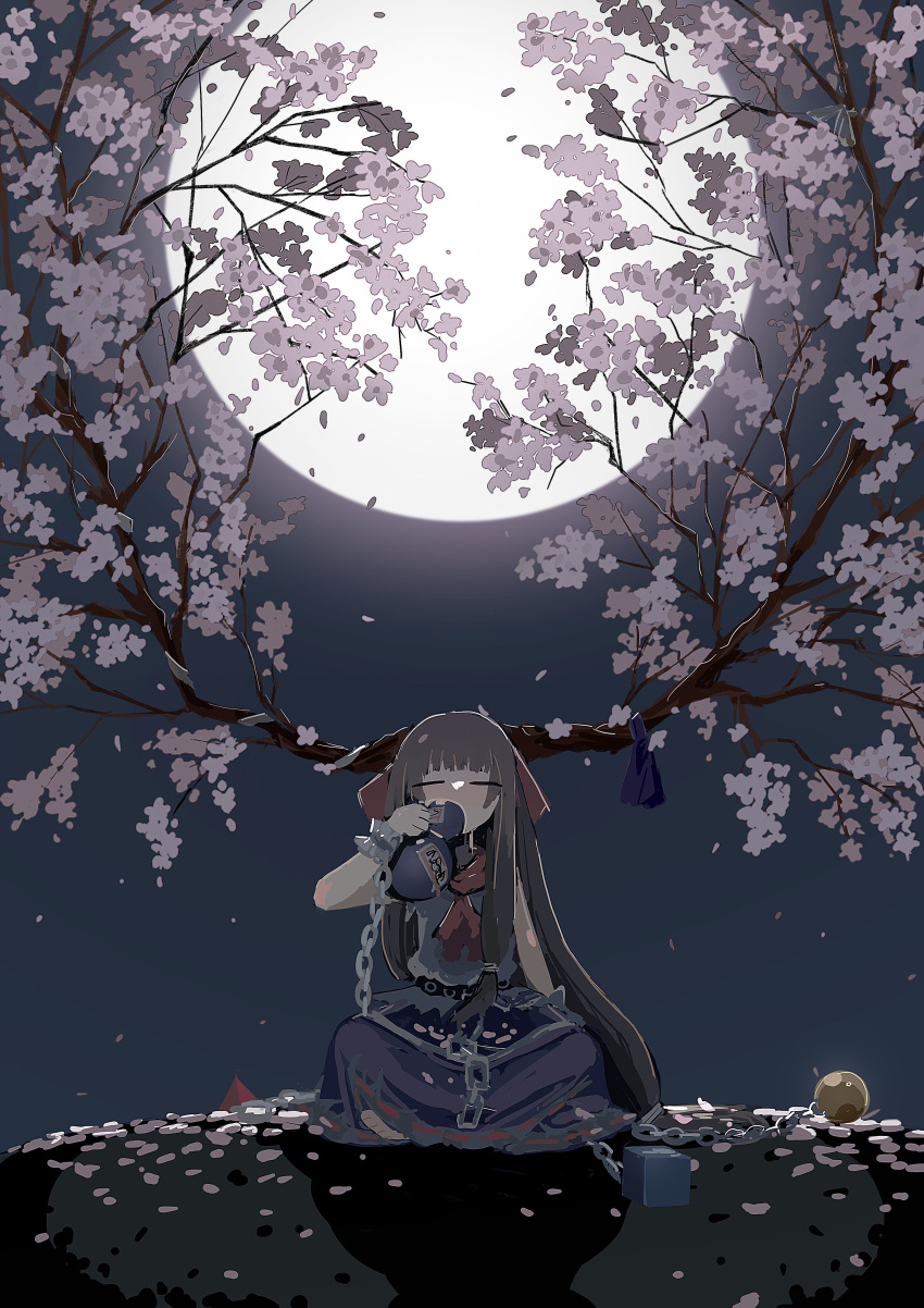 absurdres ball_and_chain_restraint belt blue_bow blue_skirt bow branch brown_hair chains cherry_blossoms closed_eyes commentary cube drinking female gourd highres horn_bow horn_ornament horn_ribbon horns ibuki_suika ichinose_(kurui96) long_hair low-tied_long_hair moon neckerchief oni pyramid_(geometry) red_bow red_neckerchief ribbon shirt sidelocks skirt sleeveless sleeveless_shirt solo star_(sky) torn_clothes torn_sleeves touhou very_long_hair white_shirt wrist_cuffs