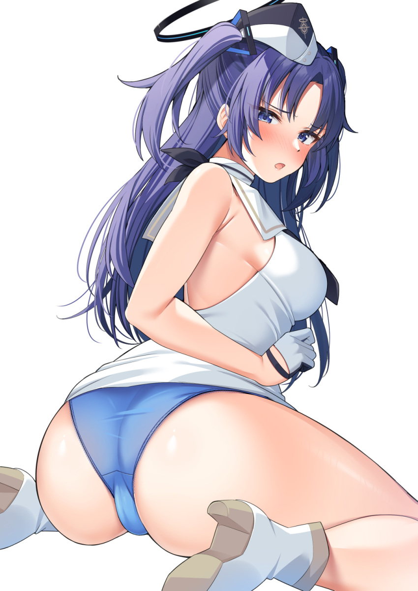 armpit_crease ass bare_arms bare_shoulders blue_archive blue_eyes blue_hair blue_panties boots breasts choker embarrassed female from_behind frown gloves hair_ornament halo hat highres large_breasts looking_at_viewer looking_back mechanical_halo no_pants open_mouth panties parted_bangs sailor_collar sailor_hat shirt simple_background sitting sleeveless sleeveless_shirt solo super_nagoyaka thighs trefoil twisted_torso two_side_up underwear virtual_youtuber wariza white_background white_choker white_footwear white_gloves white_hat white_shirt yuuka_(blue_archive)