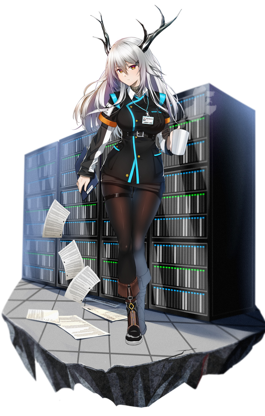 arknights bishi_(bishi) black_jacket black_pantyhose blazer boots breasts brown_footwear chinese_commentary clipboard coffee_mug commentary_request cup expressionless female floor full_body grey_hair hair_between_eyes head_tilt highres holding holding_cup horns hypergryph_(arknights) jacket large_breasts long_hair long_sleeves looking_at_viewer miniskirt mug multicolored_eyes name_tag original pantyhose paperwork partial_commentary pencil personification purple_eyes server shirt skirt solo thigh_strap yellow_eyes