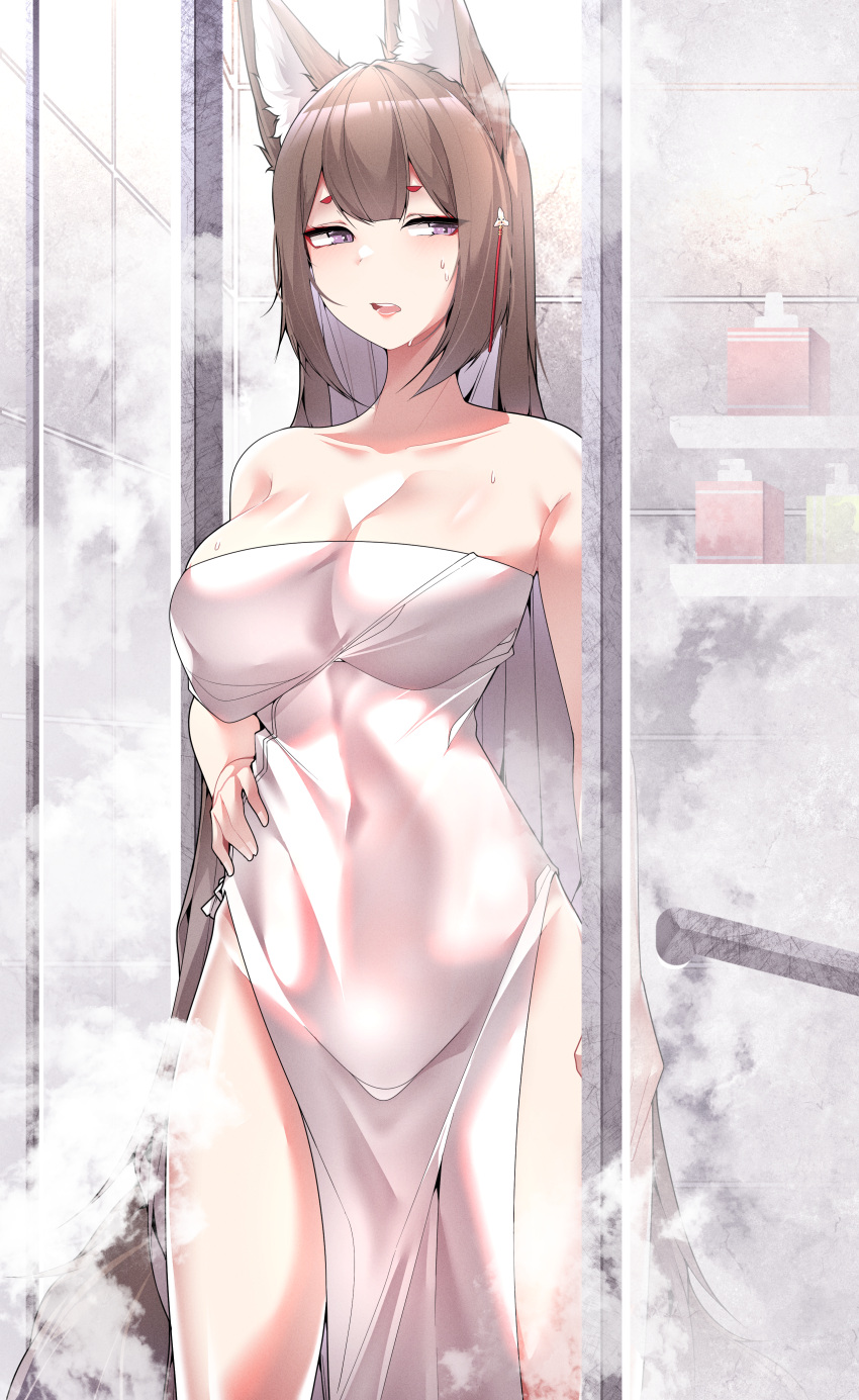 absurdres amagi_(azur_lane) animal_ears azur_lane bare_shoulders bathroom blush breasts brown_hair cleavage covered_navel cowboy_shot eyeshadow female fox_ears fox_girl fox_tail hair_between_eyes hair_ornament hairpin half-closed_eyes hand_on_own_hip highres hip_focus impossible_towel kitsune large_breasts legs_apart long_hair looking_at_viewer makeup multiple_tails naked_towel open_mouth purple_eyes red_eyeshadow samip shower_(place) slit_pupils solo standing steam tail teeth thighs towel upper_teeth_only very_long_hair wet wet_towel