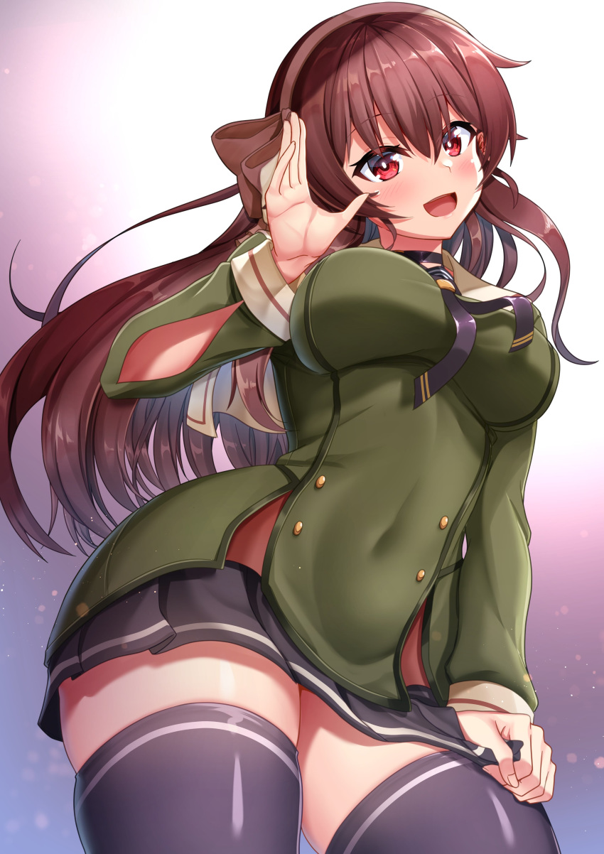 .live absurdres biro-budou black_thighhighs blush breasts brown_hair commentary_request female headband highres large_breasts long_hair looking_at_viewer open_mouth red_eyes school_uniform simple_background solo thighhighs virtual_youtuber waving yaezawa_natori