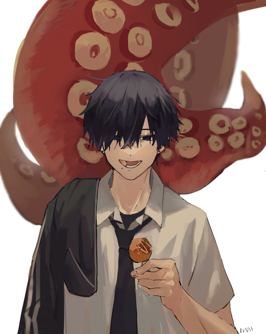 1boy absurdres black_hair black_necktie chainsaw_man commentary eating eyepatch fingernails food food_in_mouth hair_between_eyes highres holding holding_food korean_commentary lower_teeth_only male_focus mole mole_on_neck mole_under_mouth necktie null_(skev7724) octopus_devil_(chainsaw_man) open_mouth signature solo takoyaki teeth tentacle tongue upper_body white_background yoshida_hirofumi