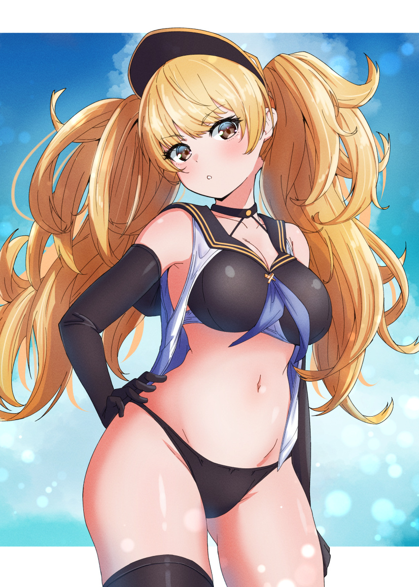 absurdres arm_at_side ass_visible_through_thighs bare_shoulders big_hair bikini black_bikini black_gloves black_hat black_sailor_collar black_thighhighs blonde_hair blue_sky breasts cleavage cloud contrapposto cowboy_shot curly_hair elbow_gloves expressionless eyelashes female gloves granblue_fantasy groin hand_on_own_hip hat head_tilt highres kamidan large_breasts lens_flare light_blush long_hair monika_weisswind monika_weisswind_(swimsuit)_(granblue_fantasy) navel overskirt parted_lips sailor_collar sky solo swept_bangs swimsuit teeth thighhighs twintails visor_cap wide_hips yellow_eyes