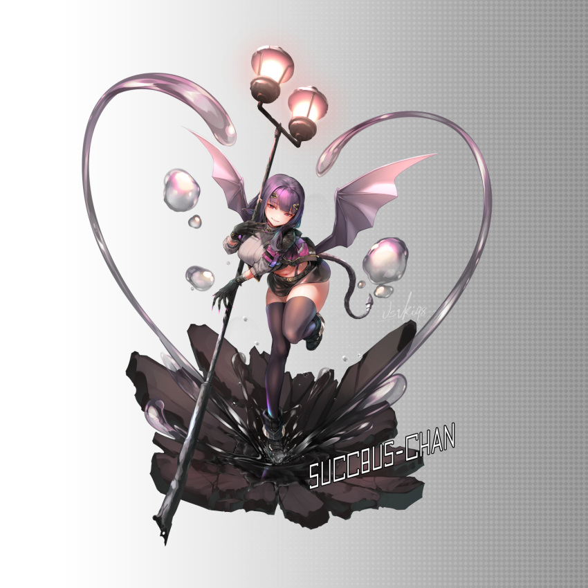 black_footwear black_legwear black_skirt character_name crack cracked_floor demon_girl demon_tail demon_wings english_text fingernails floating gloves gradient_background heart highres holding lamppost long_fingernails long_hair navel original parted_lips patterned patterned_background pink_eyes pointy_ears purple_hair purple_nails sharp_fingernails sharp_teeth signature skirt slit_pupils smile tail teeth thighhighs upper_teeth_only usuki_(graygreed) very_long_fingernails water wings