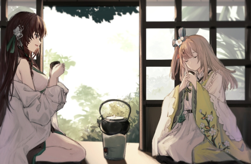 2girls bad_id bad_pixiv_id braid brown_hair commentary_request cup floral_print girls'_frontline girls'_frontline_neural_cloud hair_ornament hibachi_(object) japanese_clothes kettle multiple_girls off_shoulder one_side_up plant qiujiao sakuya_(neural_cloud) seiza shouji side_braid sitting sliding_doors smile souchun_(neural_cloud) tea type_64_(girls'_frontline) veranda yunomi