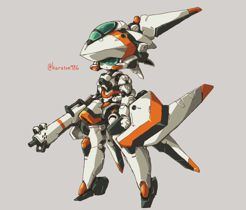 canopy_(aircraft) clenched_hand female grey_background gun highres holding holding_gun holding_weapon kuruton486 mecha no_humans open_mouth original robot science_fiction solo standing twitter_username weapon