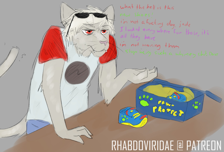 anthro conditional_dnp dave_strider digital_media_(artwork) eyewear felid feline fur hi_res homestuck male mammal ms_paint_adventures red_eyes solo sunglasses white_body white_fur wolftacos