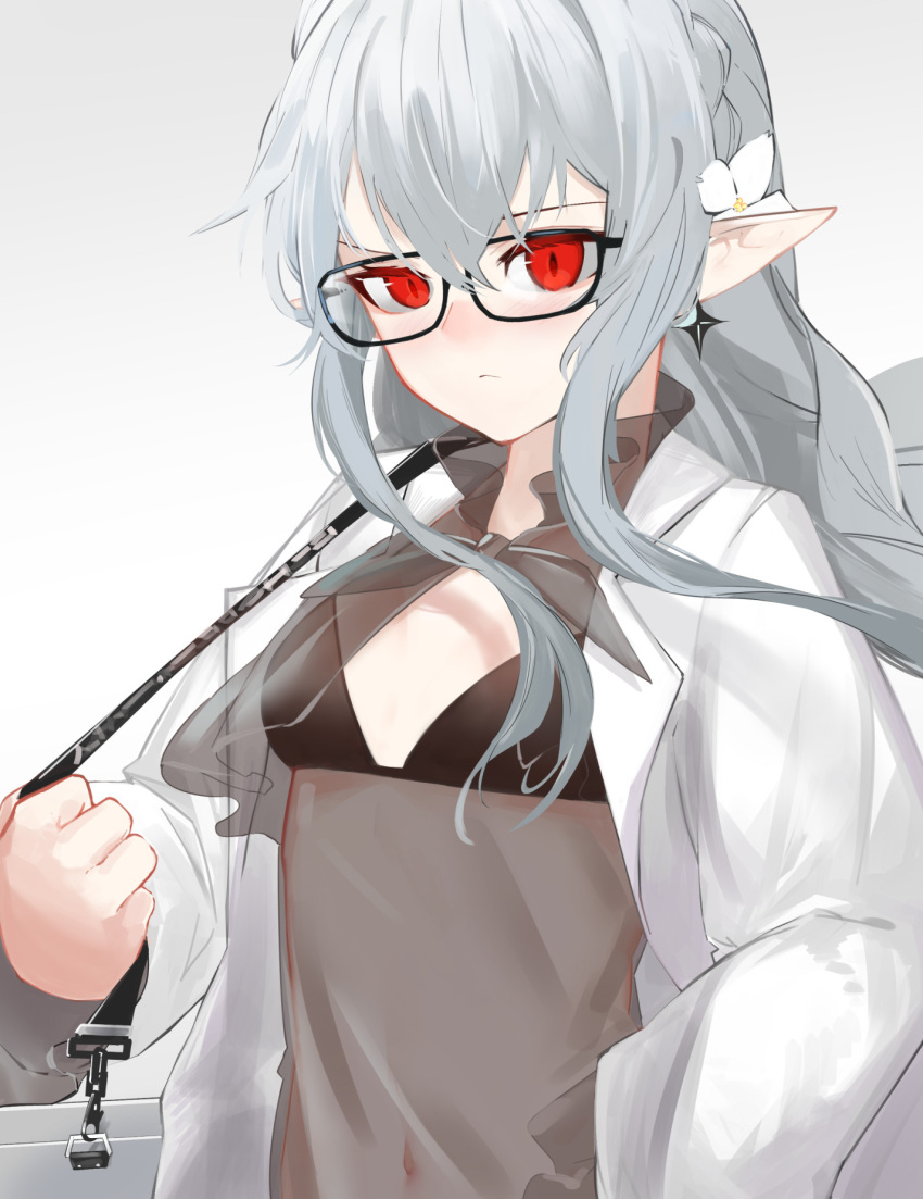 ao_oni_(onioni-aoi) arknights bag bikini black_bikini black_shirt blush breasts ear_piercing female grey_background grey_hair highres jacket looking_at_viewer navel official_alternate_costume open_clothes open_jacket pale_skin piercing pointy_ears red_eyes see-through see-through_shirt shirt shoulder_bag simple_background small_breasts solo swimsuit upper_body v-shaped_eyebrows warfarin_(arknights) warfarin_(casual_vacation)_(arknights) white_jacket