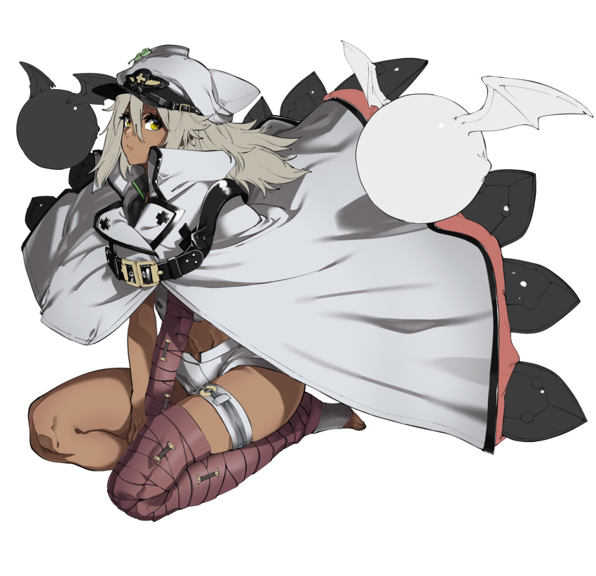 bandaged_arm bandaged_leg bandages belt black_belt cape clover crop_top dark-skinned_female dark_skin female four-leaf_clover guilty_gear guilty_gear_strive hair_between_eyes hat highres looking_to_the_side lucifero_(guilty_gear) peaked_cap platinum_blonde_hair ramlethal_valentine seiza short_shorts shorts sitting solo thigh_strap thighs white_background white_hat white_shorts yellow_eyes yoshimaro