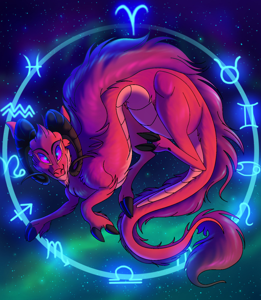 2020 aries_(zodiac) claws cosmic_background digital_media_(artwork) dragon feral fur furred_dragon furred_scalie hair hi_res horn looking_at_viewer mythological_creature mythological_scalie mythology plaguedogs123 purple_eyes red_hair scalie smile tail western_zodiac