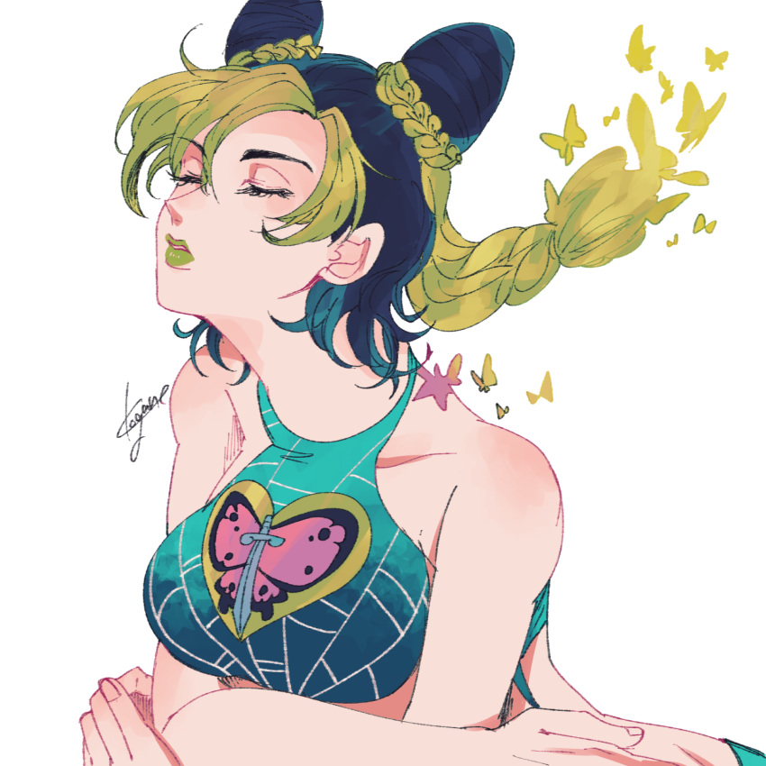 animal_print artist_name birthmark black_hair braid bug butterfly butterfly_print closed_eyes commentary cone_hair_bun crossed_arms double_bun female green_hair green_lips hair_bun halterneck highres joestar_birthmark jojo_no_kimyou_na_bouken kogatarou kujo_jolyne lips lipstick makeup multicolored_hair signature simple_background sleeveless solo spider_web_print star_(symbol) stone_ocean two-tone_hair upper_body white_background