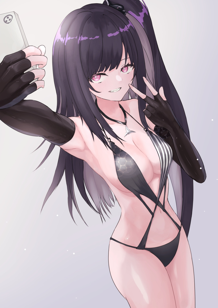 absurdres architect_(girls'_frontline) architect_(nvw_model)_(girls'_frontline) arm_up asymmetrical_gloves black_gloves black_one-piece_swimsuit blush breasts cleavage collarbone elbow_gloves feet_out_of_frame female fingerless_gloves girls'_frontline gloves highres holding holding_phone long_hair looking_at_viewer medium_breasts navel official_alternate_costume one-piece_swimsuit open_mouth partially_fingerless_gloves phone pink_eyes purple_hair sangvis_ferri selfie side_ponytail simple_background smile solo standing swimsuit teeth v yoshi-j