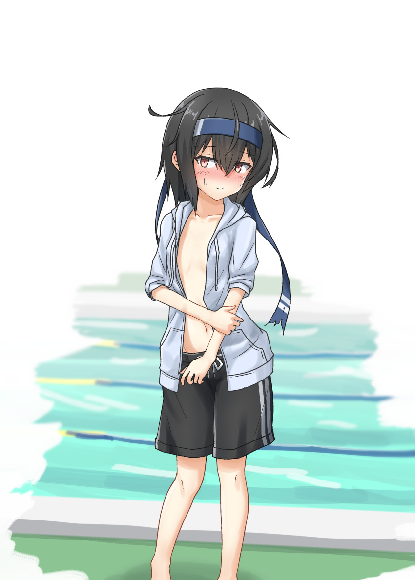 absurdres alternate_hair_length alternate_hairstyle black_hair black_shorts blue_headband blush collarbone commentary crossdressing feet_out_of_frame female flat_chest hatsushimo_(kancolle) head_tilt headband highres jacket kantai_collection male_swimwear male_swimwear_challenge navel no_bra no_shirt nose_blush open_clothes open_jacket pool poolside red_eyes short_hair shorts solo standing swim_trunks umino_ht