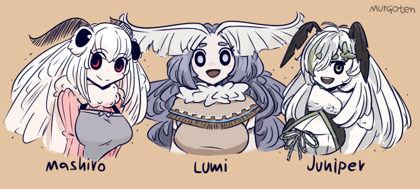 3girls :d antennae apron arthropod_girl artist_name beige_background black_sclera borrowed_character capelet character_name colored_sclera commentary english_commentary fur_collar green_eyes grey_apron grey_hair highres indie_virtual_youtuber juniper_actias long_hair looking_at_viewer mashiro_(solopipb) monster_girl moth_girl moth_hair_ornament mother_lumi_(matilda_fiship) multiple_girls murgoten open_mouth original red_eyes simple_background smile trait_connection upper_body virtual_youtuber white_eyes white_hair