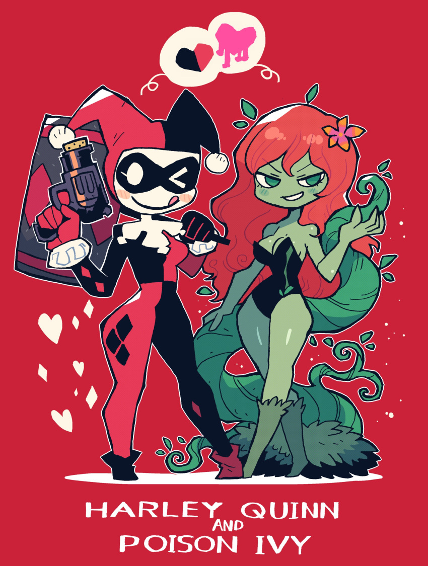 2girls :p ;p absurdres batman_(series) bodysuit character_name colored_skin cork_gun dc_comics domino_mask english_commentary evil_grin evil_smile florakinesis full_body green_skin grin harley_quinn highres leotard looking_at_viewer mallet mask multiple_girls one_eye_closed plant poison_ivy rariatto_(ganguri) red_background red_hair skin_tight smile standing strapless strapless_leotard tongue tongue_out vines