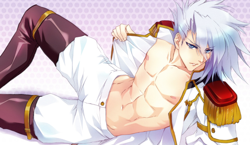 1boy areolae bad_id bad_twitter_id bare_pectorals bishounen blue_eyes carnelian collarbone commentary_request cowboy_shot epaulettes erecpyle_dukakis ixion_saga lips looking_at_viewer male_focus navel open_clothes open_shirt parted_lips pectorals polka_dot polka_dot_background solo white_hair