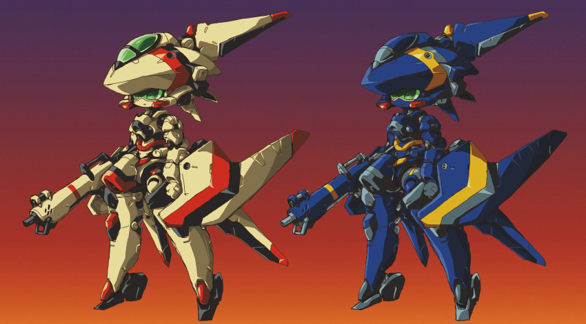 2girls absurdres canopy_(aircraft) clenched_hand gradient_background gun highres holding holding_gun holding_weapon kuruton486 macross macross_plus mecha multiple_girls no_humans open_mouth original robot science_fiction standing twitter_username weapon yf-19 yf-21