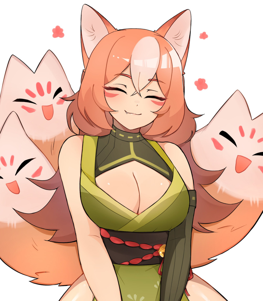 animal_ears blush borrowed_character breasts cleavage cleavage_cutout closed_eyes closed_mouth clothing_cutout facial_mark facing_viewer fang_out female fox_ears fox_girl fox_tail highres large_breasts lips long_hair mitsu_(suizilla) multicolored_hair oerba_yun_fang orange_hair original rukiadaichi smile solo tail white_hair