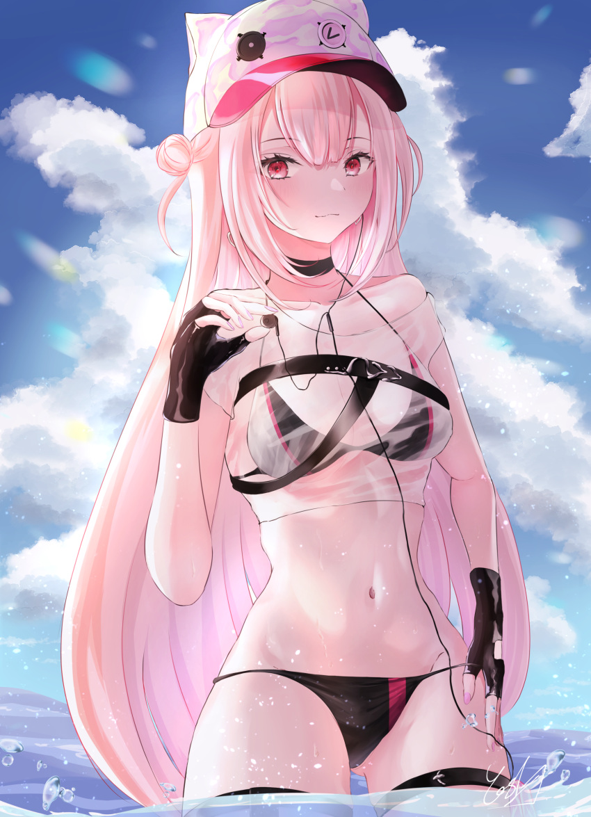 absurdres bare_shoulders bikini black_bikini black_choker black_gloves blue_sky blush breasts choker closed_mouth cloud cloudy_sky collarbone feet_out_of_frame female fingerless_gloves girls'_frontline gloves headphones highres holding holding_headphones long_hair looking_at_viewer medium_breasts nail_polish navel official_alternate_costume on_water pink_hair pink_nails red_eyes sky smile solo standing stomach swimsuit ukm-2000_(girls'_frontline) ukm-2000_(soda_tale)_(girls'_frontline) very_long_hair white_headwear yoshi-j