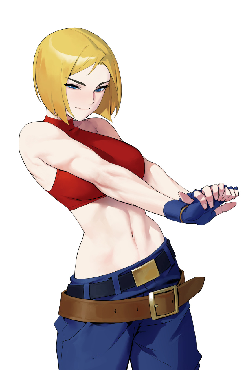 bad_id bad_pixiv_id baggy_pants bare_shoulders belt belt_skirt blonde_hair blue_eyes blue_gloves blue_mary bob_cut breasts commentary cowboy_shot crop_top denim dongho_kang fatal_fury female fingerless_gloves forehead gloves halterneck highres large_breasts linea_alba looking_at_viewer loose_belt midriff multiple_belts navel pants red_shirt shirt short_hair simple_background sleeveless smile solo stretching the_king_of_fighters turtleneck v_arms white_background