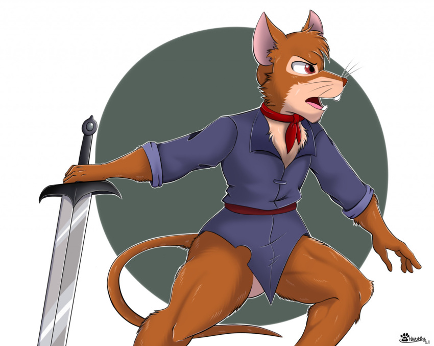 2021 anthro ascot belt bottomless bottomless_anthro bottomless_male buckteeth clothed clothing convenient_censorship front_view fur holding_melee_weapon holding_object holding_sword holding_weapon looking_away male mammal marcushunter martin_the_warrior melee_weapon mouse murid murine open_mouth redwall rodent shirt solo spread_arms spread_legs spreading sword teeth tongue topwear weapon whiskers