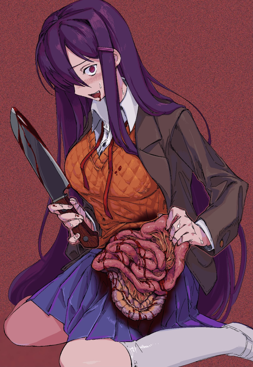 blazer blood blood_from_mouth blood_on_clothes blood_on_weapon blood_stain blue_skirt blush brown_jacket chomahu collared_shirt commentary disembowelment doki_doki_literature_club dress_shirt feet_out_of_frame female film_grain guro hair_intakes hair_ornament hair_over_one_eye hairclip highres holding holding_knife holding_organ horror_(theme) intestines jacket jaggy_lines kneehighs knife loafers long_hair long_sleeves neck_ribbon on_floor open_clothes open_jacket open_mouth organs pleated_skirt purple_eyes purple_hair red_background red_ribbon ribbon self-harm shirt shoes simple_background sitting skirt socks solo sweat sweatdrop sweater_vest teeth tongue undone_neck_ribbon very_long_hair weapon white_footwear white_shirt white_socks wing_collar yuri_(doki_doki_literature_club)