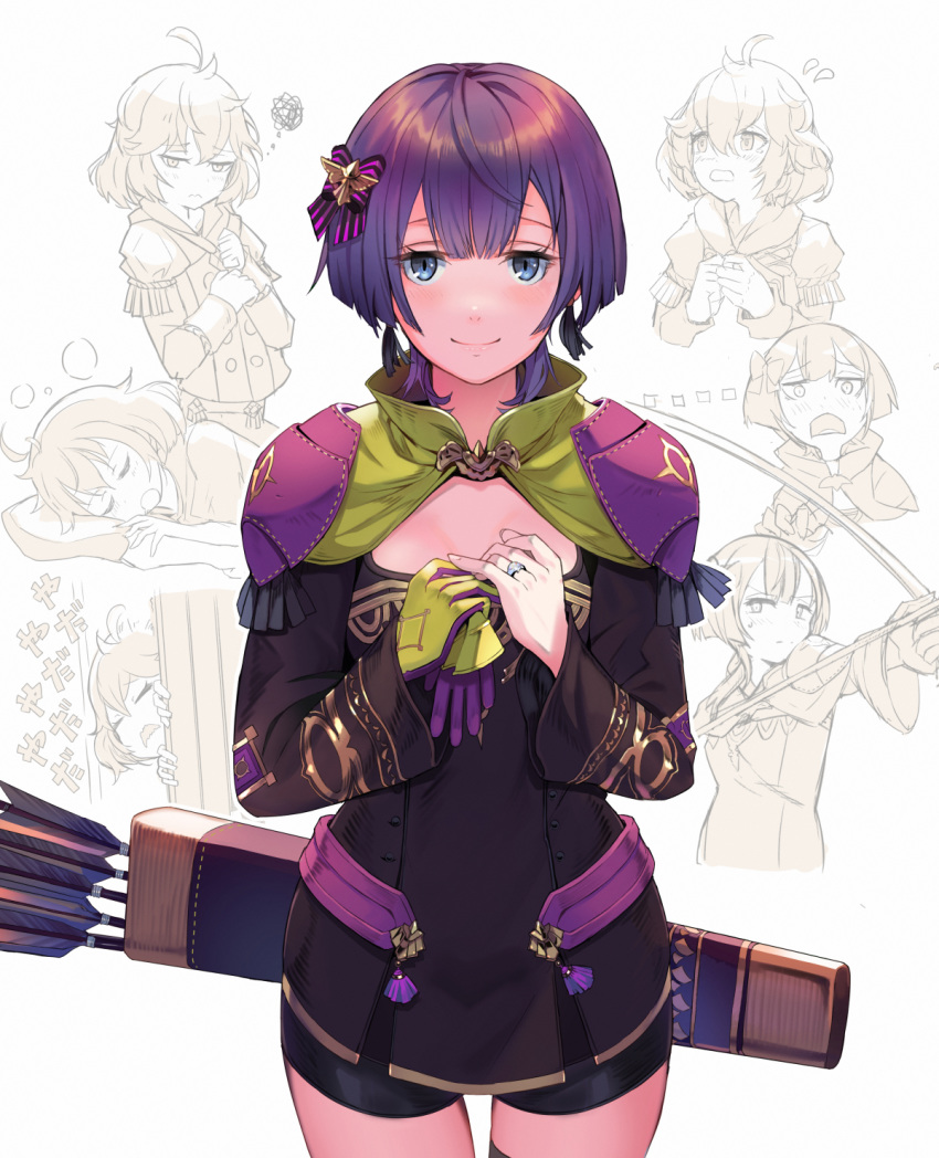 ahoge armor arrow_(projectile) bernadetta_von_varley black_shirt black_shorts blue_eyes blush bow bow_(weapon) breasts closed_mouth commentary cowboy_shot drawing_bow drooling earrings eyelashes female fire_emblem fire_emblem:_three_houses garreg_mach_monastery_uniform gloves hairbow highres holding holding_bow_(weapon) holding_weapon jewelry kurosawa_tetsu lips looking_at_viewer multiple_views partially_colored purple_hair quiver ring shirt short_hair short_shorts shorts shoulder_armor simple_background single_glove sleeping small_breasts smile squiggle straight_hair sweatdrop tassel tassel_earrings thighs wavy_mouth weapon wedding_ring white_background yellow_gloves