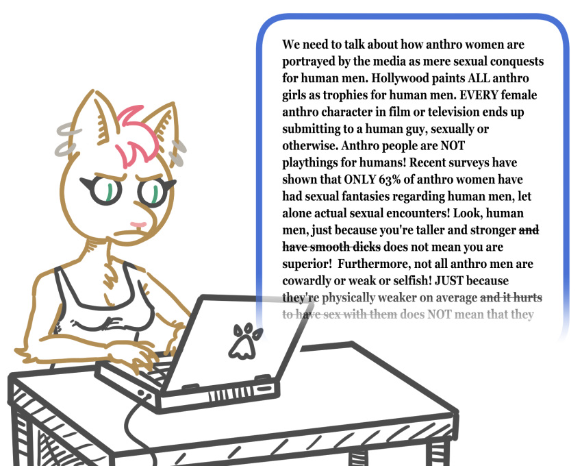 5:4 angry anthro clothing computer copypasta domestic_cat ear_piercing ear_ring electronics english_text felid feline felis female frown frown_eyebrows furniture hi_res humor laptop mammal piercing rant ring_piercing satire shirt sitting solo table tank_top text topwear typing unknown_artist wall_of_text