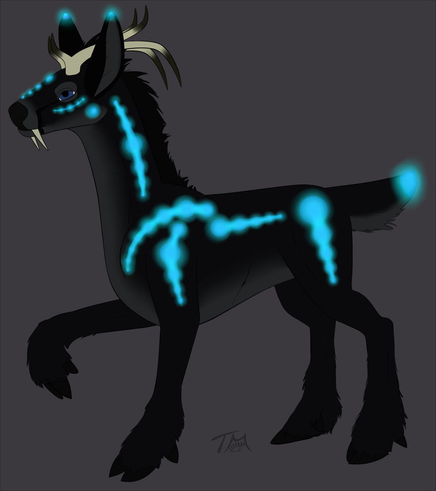 ambiguous_gender bakari bioluminescence black_hooves deer dewclaw_hooves feral fur glowing hi_res hooves horn hybrid mammal simple_background solo standing