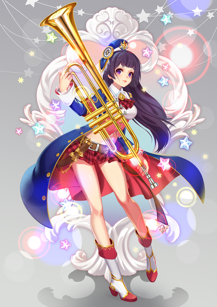 absurdres bad_id bad_pixiv_id belt black_hair boots cape commentary_request female full_body hat hibike!_euphonium high_heels highres holding holding_instrument instrument kousaka_reina lipstick littleamber long_hair makeup microskirt midriff pleated_skirt purple_eyes red_lips red_skirt shirt skirt solo star_(symbol) very_long_hair white_shirt