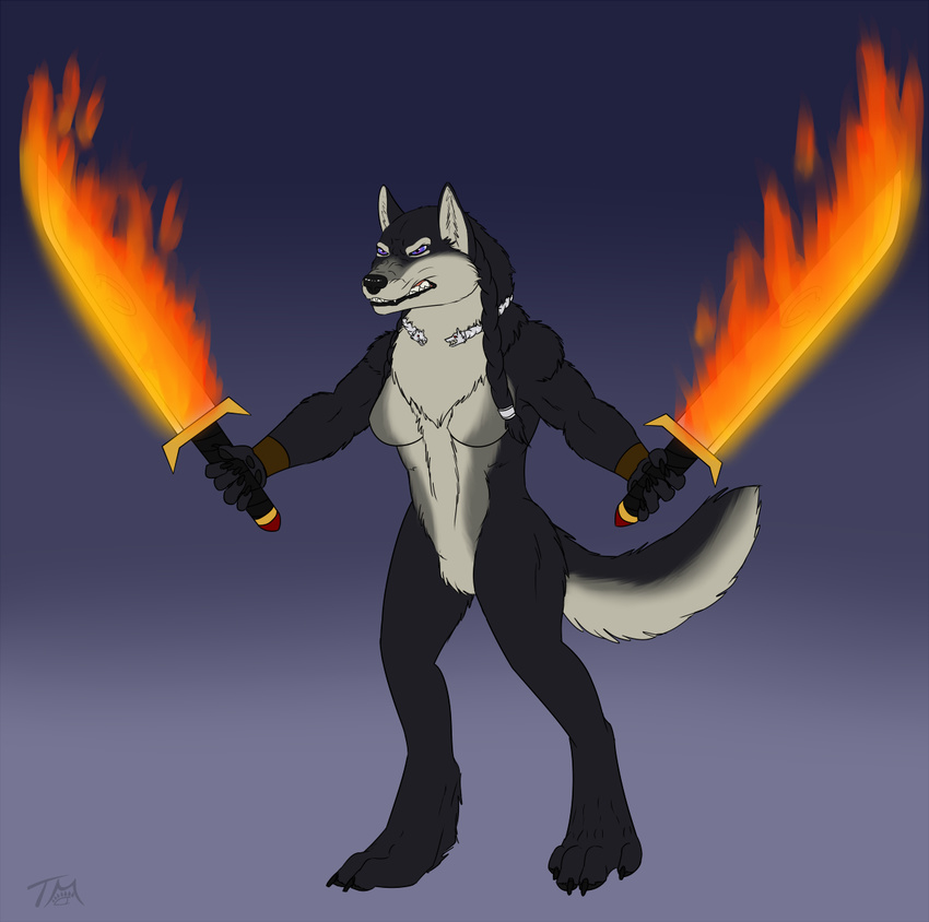 anthro bakari breasts canid canine canis featureless_breasts female fire fur hair looking_at_viewer mammal melee_weapon nude solo standing sword weapon wolf