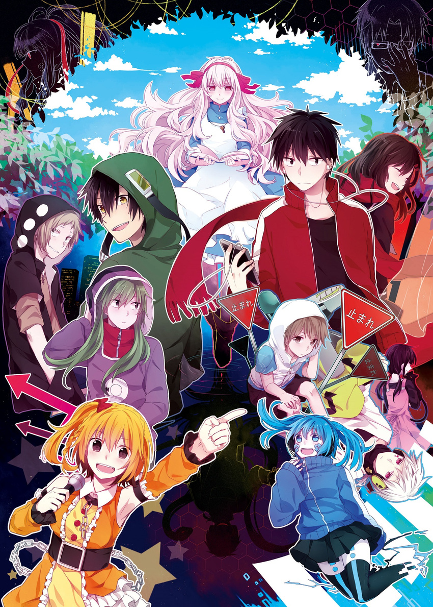 5boys 6+girls amamiya_hibiya asahina_hiyori black_hair blonde_hair blue_eyes blue_hair brown_hair closed_eyes commentary_request dress ene_(kagerou_project) green_hair hair_ornament hairclip headphones highres hood hoodie hoshiyui_tsukino kagerou_project kano_shuuya kido_tsubomi kisaragi_momo kisaragi_shintarou konoha_(kagerou_project) kozakura_marry long_hair mekakucity_actors multiple_boys multiple_girls photoshop_(medium) red_eyes red_scarf scarf school_uniform serafuku seto_kousuke short_hair side_ponytail skirt smile tateyama_ayano twintails white_hair