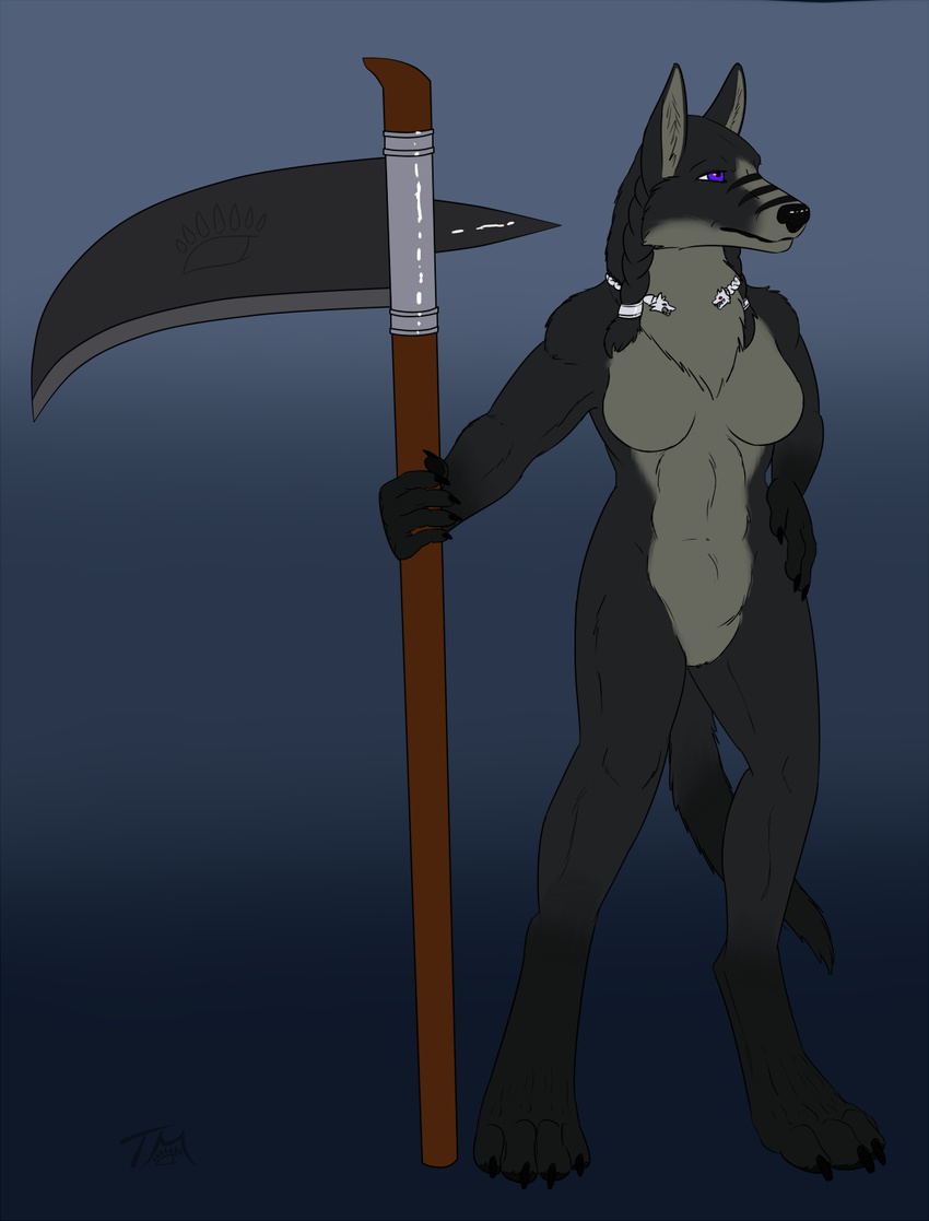 anthro bakari breasts canid canine featureless_breasts featureless_crotch female hi_res mammal melee_weapon nude polearm scythe solo standing weapon